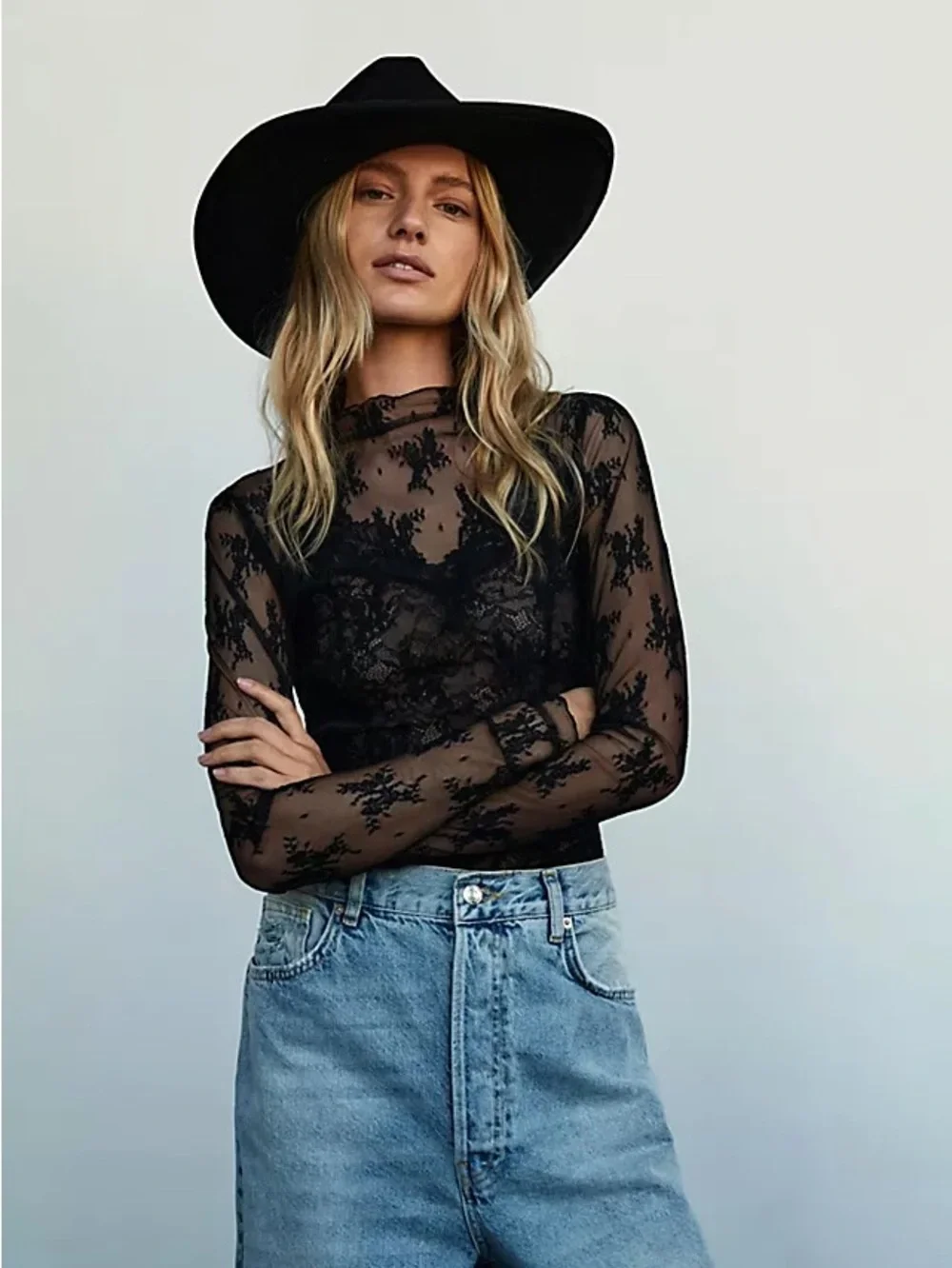 Intimately Free People Lady Lux Black Sheer Floral Mesh Layering Top Large